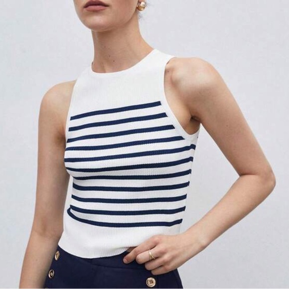 White & navy blue ribbed striped stretchy top - Picture 6 of 7